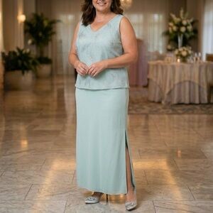 Formal 2 Piece Set Mother In Law Wedding Blue Top Glitter & Maxi Skirt Elegant